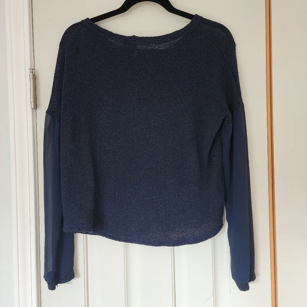 Sparkle and Fade Drop Shoulder Sheer Sleeve Navy Blouse M/L - Picture 4 of 8